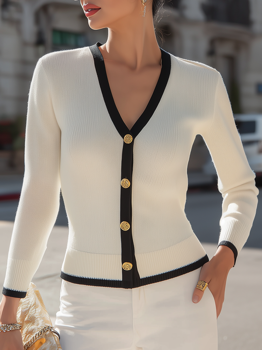 Zafren White Contrast Trim Button Cardigan