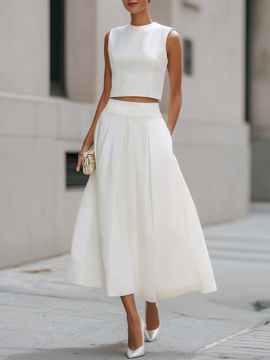 Zafren White Cropped Pleated Skirt Set