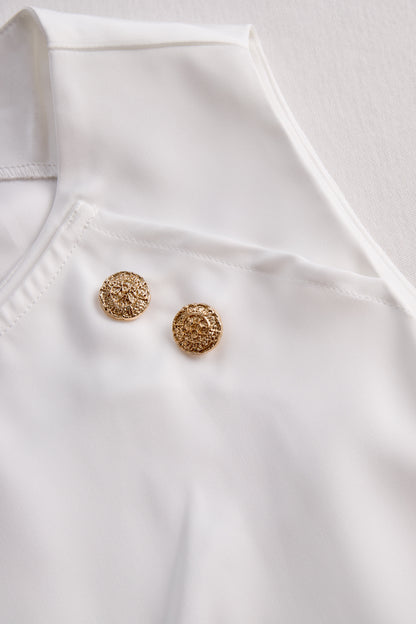 Zafren weißes asymmetrisches Drapé-Top mit Knöpfen