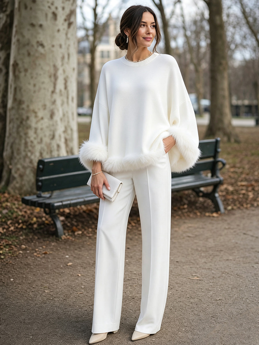 Zafren White Faux Fur Trim Sweater