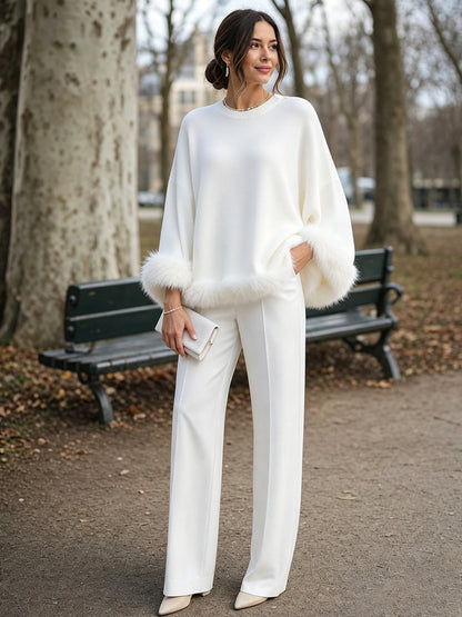 Zafren White Faux Fur Trim Sweater