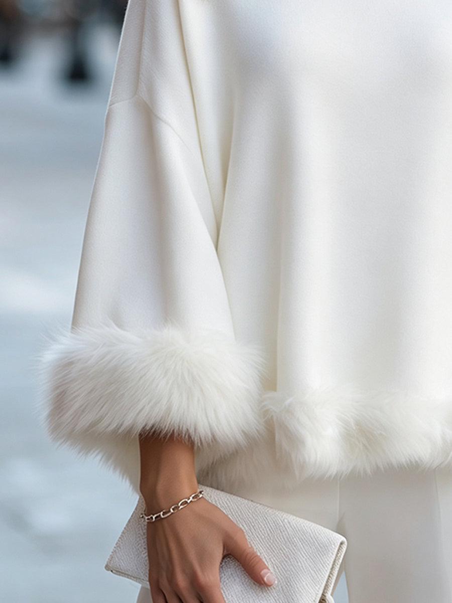 Zafren White Faux Fur Trim Sweater