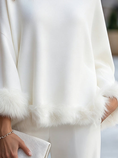 Zafren White Faux Fur Trim Sweater