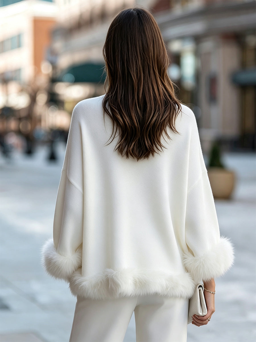 Zafren White Faux Fur Trim Sweater