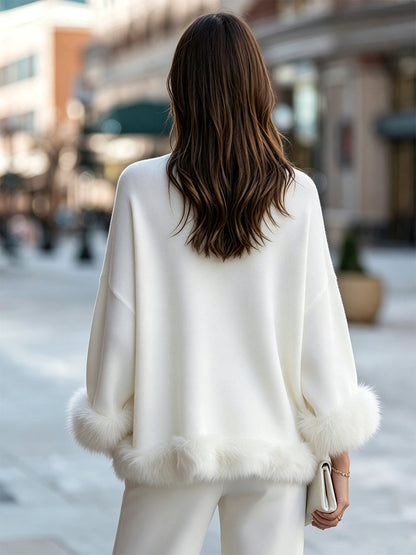 Zafren White Faux Fur Trim Sweater