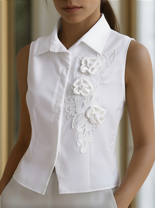 Zafren White Floral Applique Sleeveless Shirt