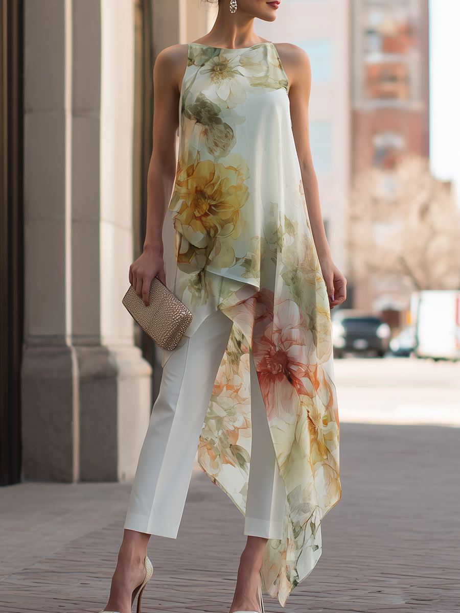 Zafren White Floral Overlay Pants Set