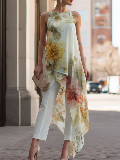 Zafren White Floral Overlay Pants Set