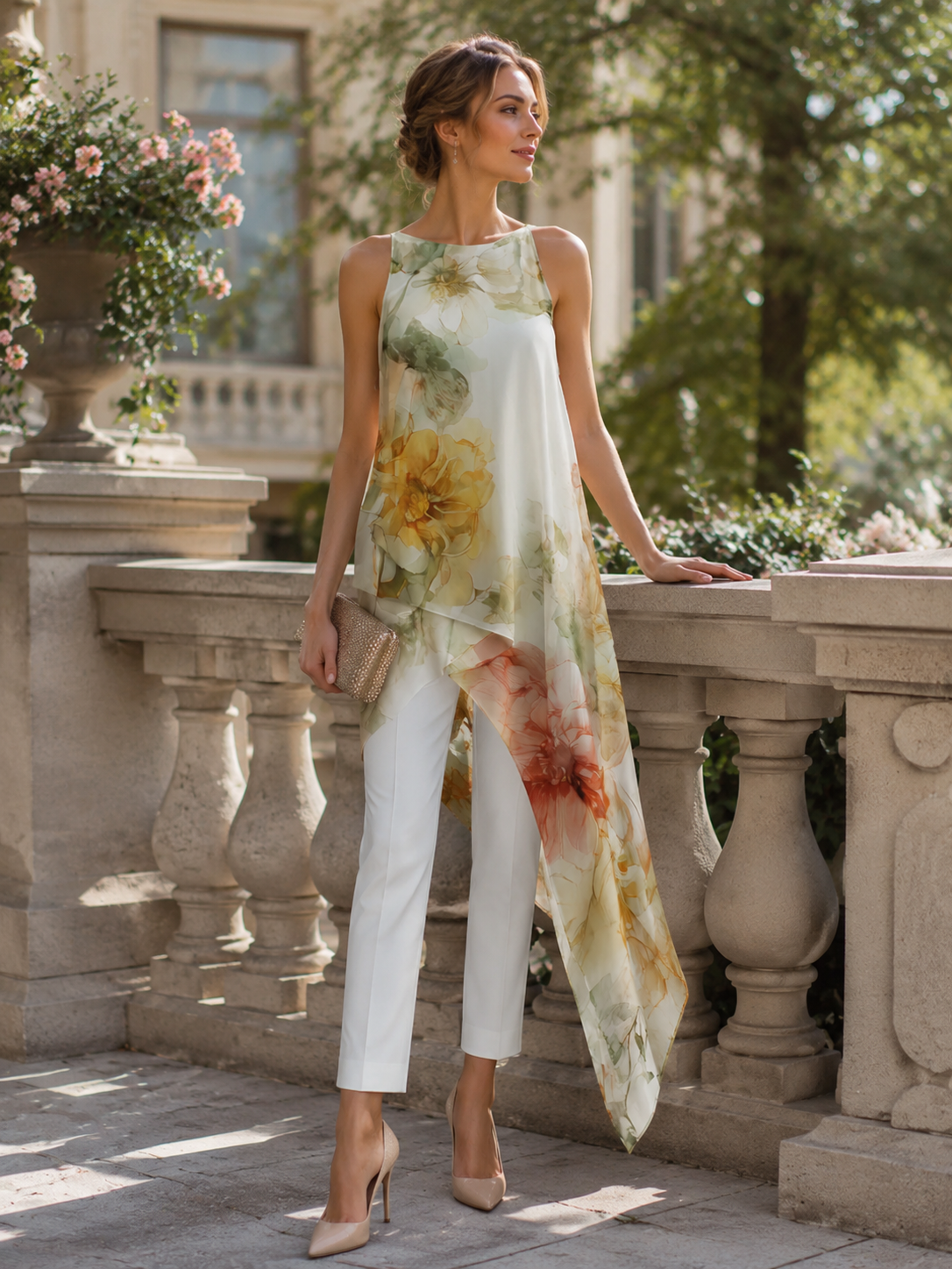 Zafren White Floral Overlay Pants Set