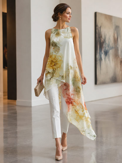 Zafren White Floral Overlay Pants Set