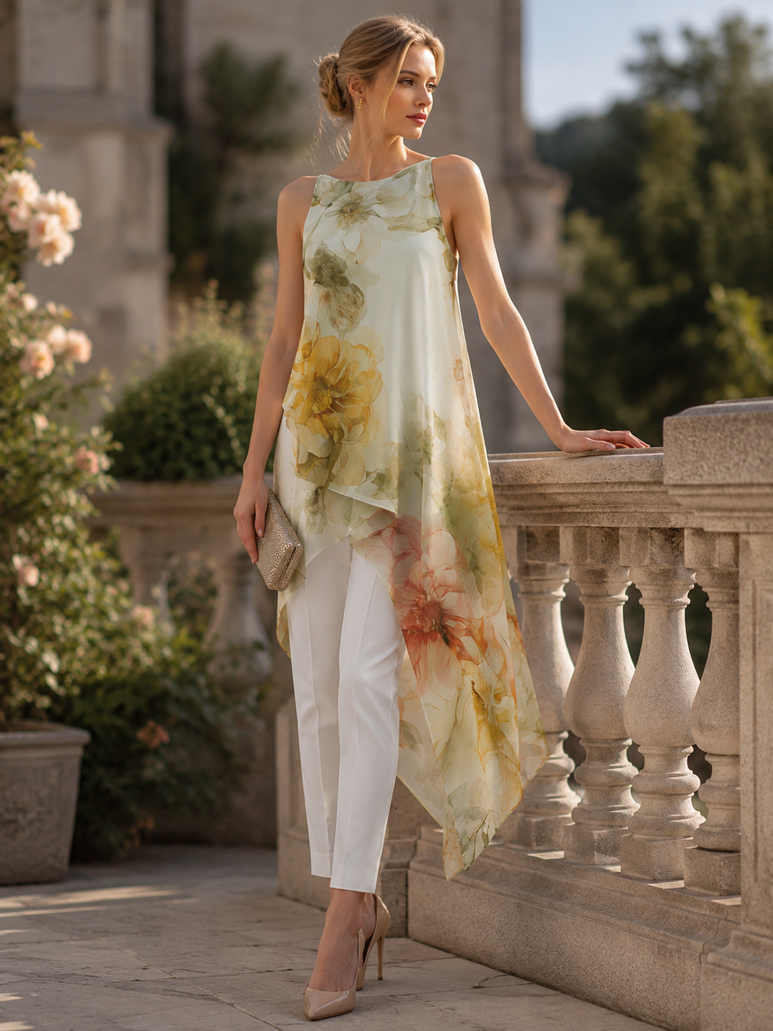 Zafren White Floral Overlay Pants Set
