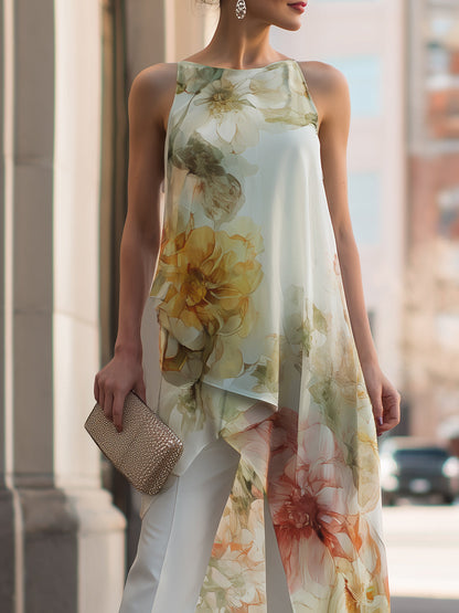 Zafren White Floral Overlay Pants Set