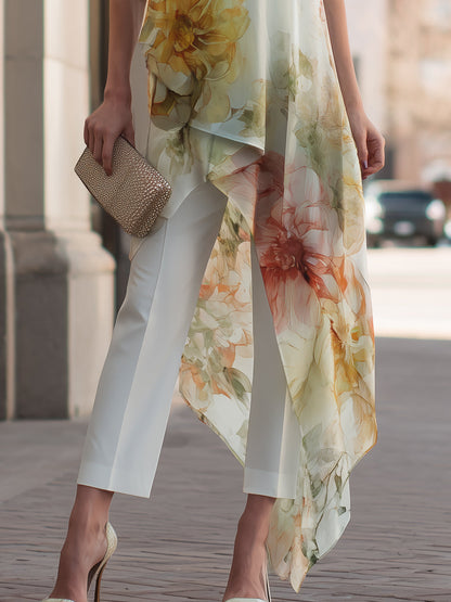 Zafren White Floral Overlay Pants Set