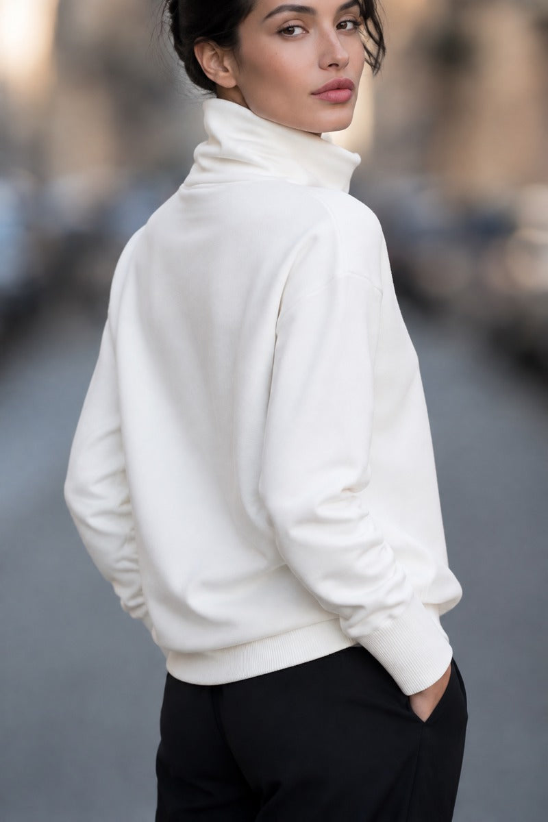 Zafren White Funnel Neck Button Sweater