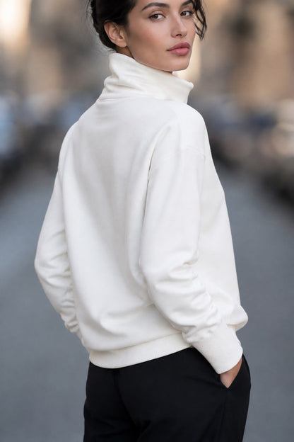 Zafren White Funnel Neck Button Sweater