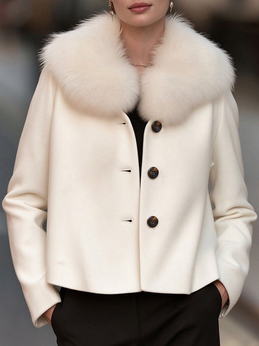 Zafren White Fur Collar Wool Jacket