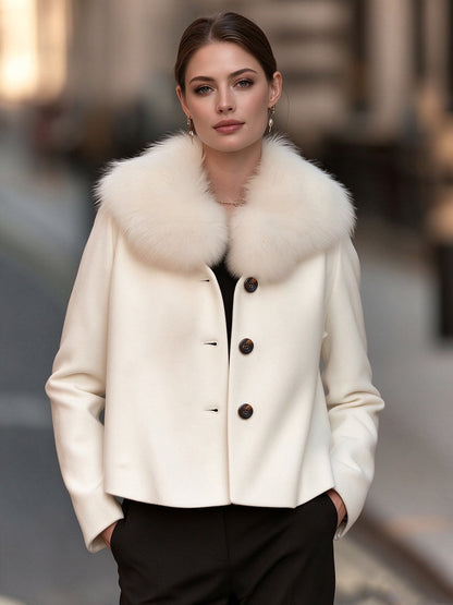 Zafren White Fur Collar Wool Jacket