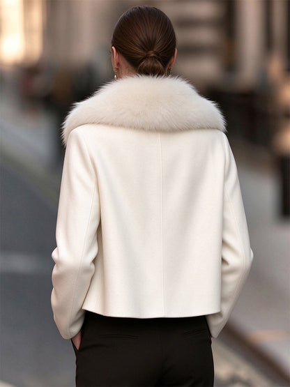 Zafren White Fur Collar Wool Jacket
