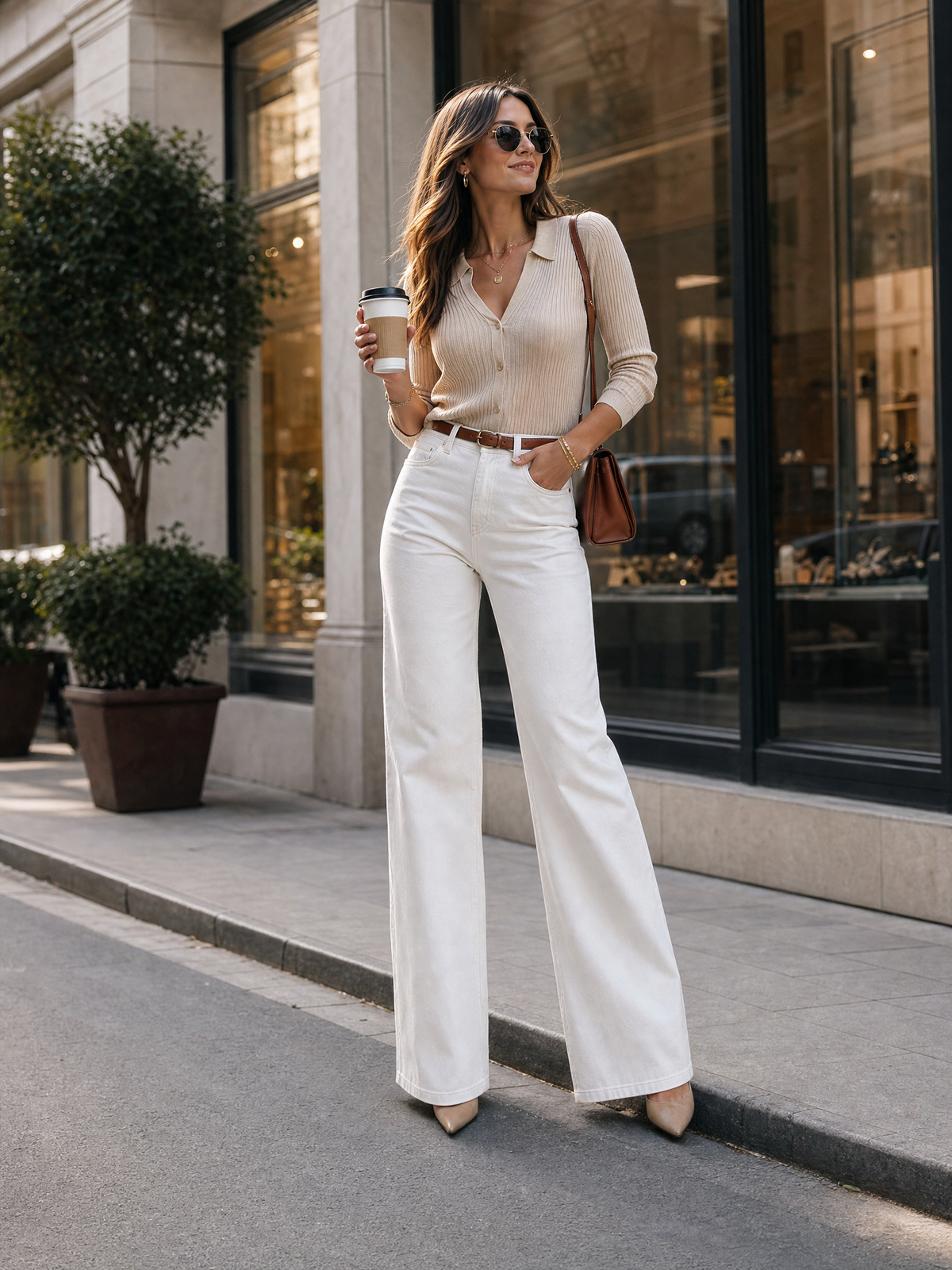 Jeans acampanados blancos con costuras doradas Zafren