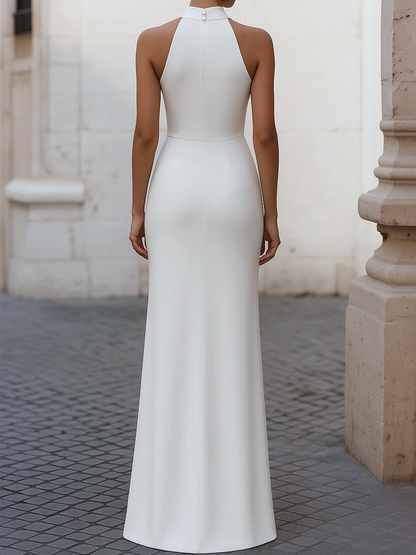 Vestido de gala blanco Zafren de satén plisado con cuello halter