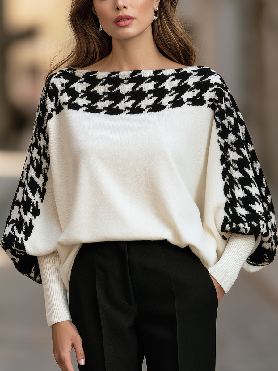Pulover Zafren alb cu model picior de cocoș și mâneci fluture
