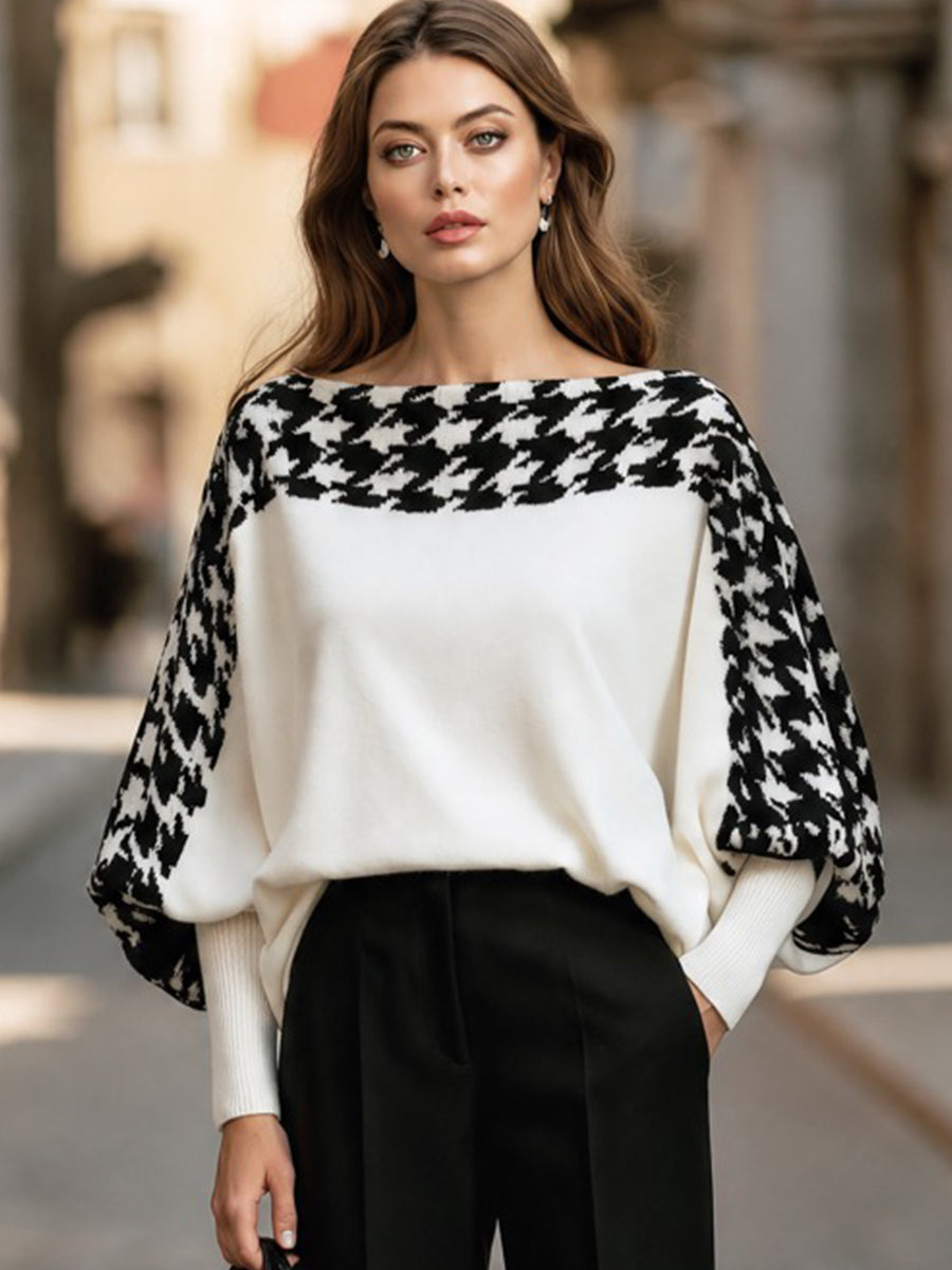 Pulover Zafren alb cu model picior de cocoș și mâneci fluture