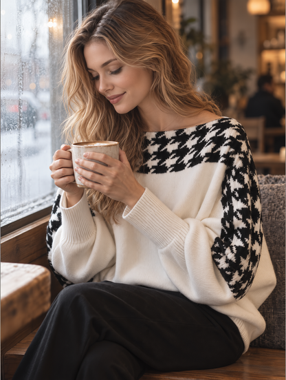 Pulover Zafren alb cu model picior de cocoș și mâneci fluture