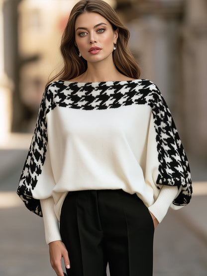 Pulover Zafren alb cu model picior de cocoș și mâneci fluture