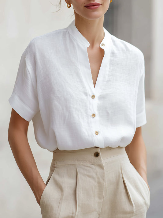 Blusa blanca Zafren de lino con cuello mao