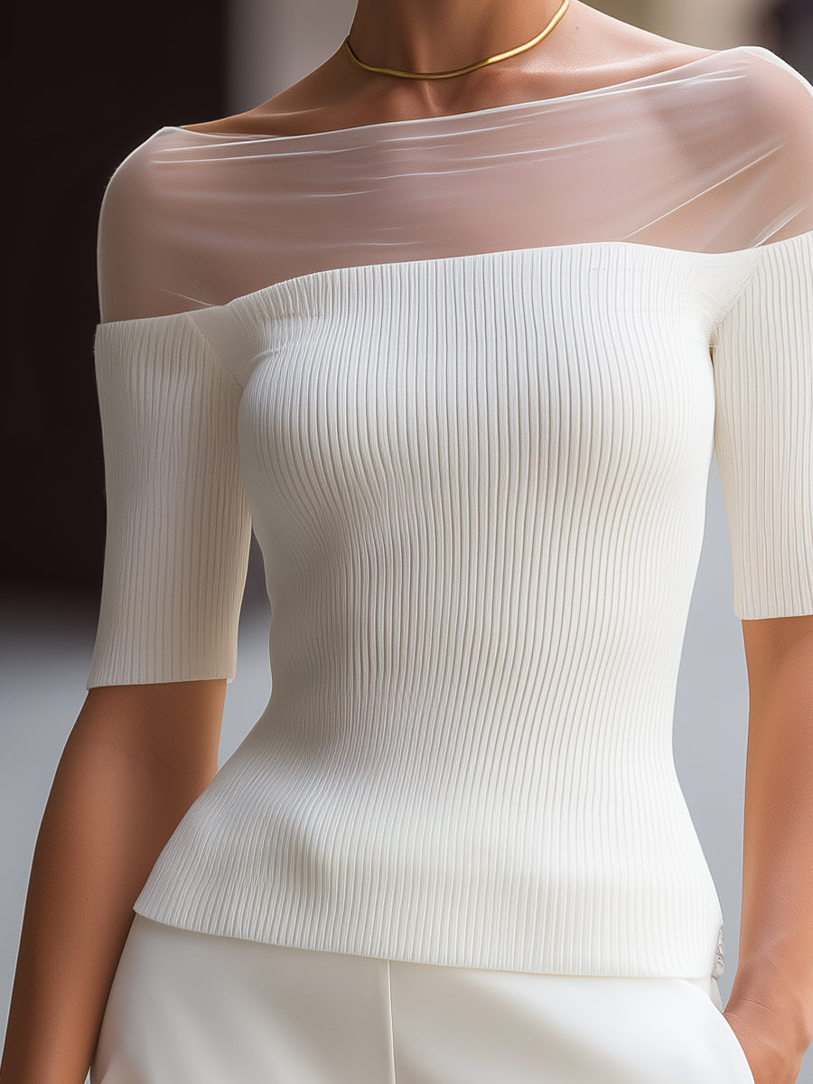 Zafren White Mesh Yoke Ribbed Sweater
