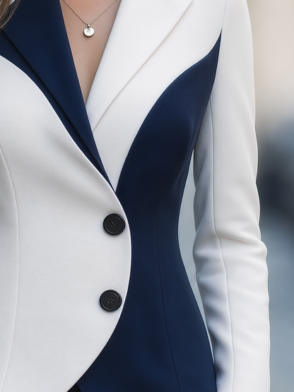Zafren White Navy Geometric Colorblock Blazer