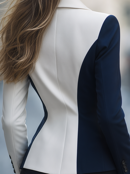 Zafren White Navy Geometric Colorblock Blazer