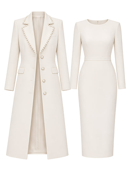Conjunto Zafren blanco de vestido tipo abrigo con ribete de perlas