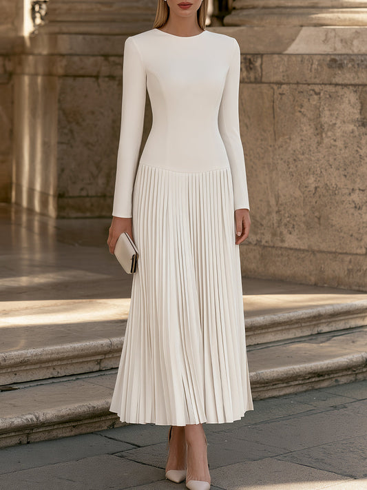 Vestido largo Zafren blanco plisado de cintura baja