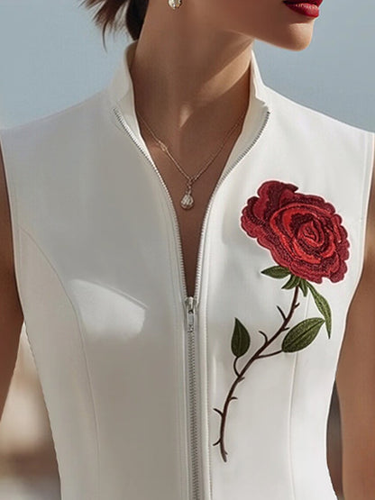 Gilet zippé Zafren blanc brodé de roses