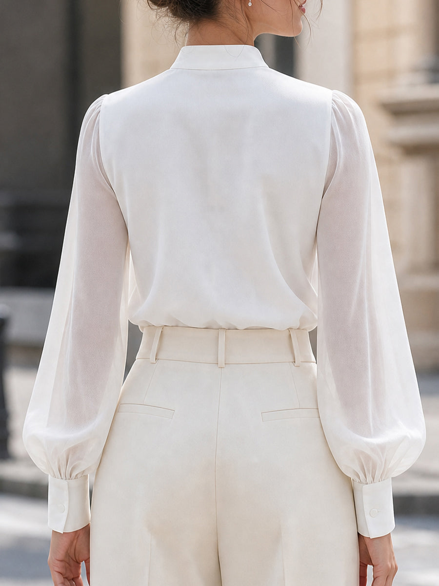 Zafren White Satin Lantern Sleeve Blouse