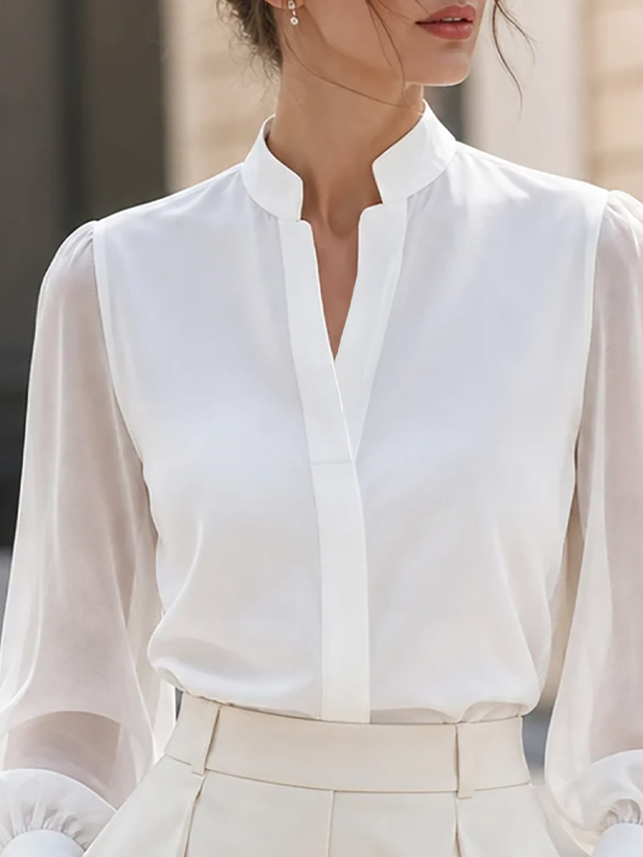 Zafren White Satin Lantern Sleeve Blouse
