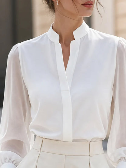 Zafren White Satin Lantern Sleeve Blouse