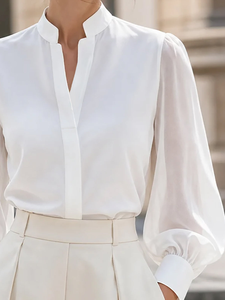 Zafren White Satin Lantern Sleeve Blouse