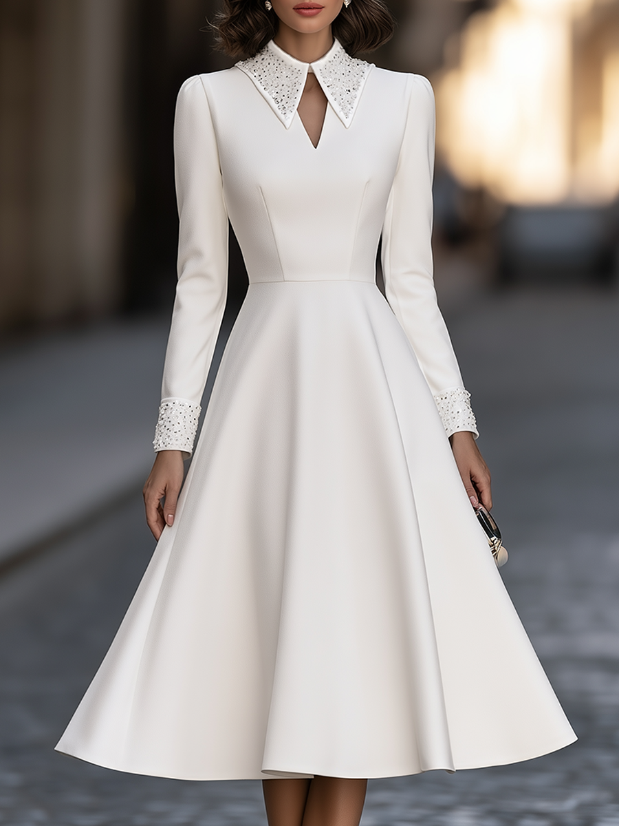 Zafren White Sequin Collar Midi Dress