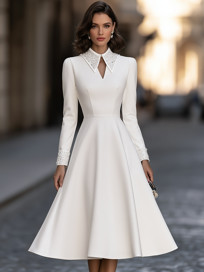Zafren White Sequin Collar Midi Dress