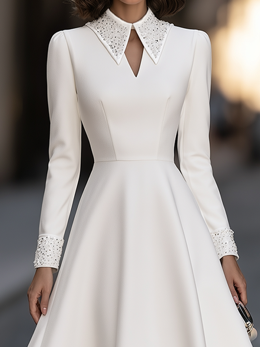Zafren White Sequin Collar Midi Dress