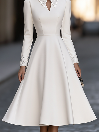 Zafren White Sequin Collar Midi Dress
