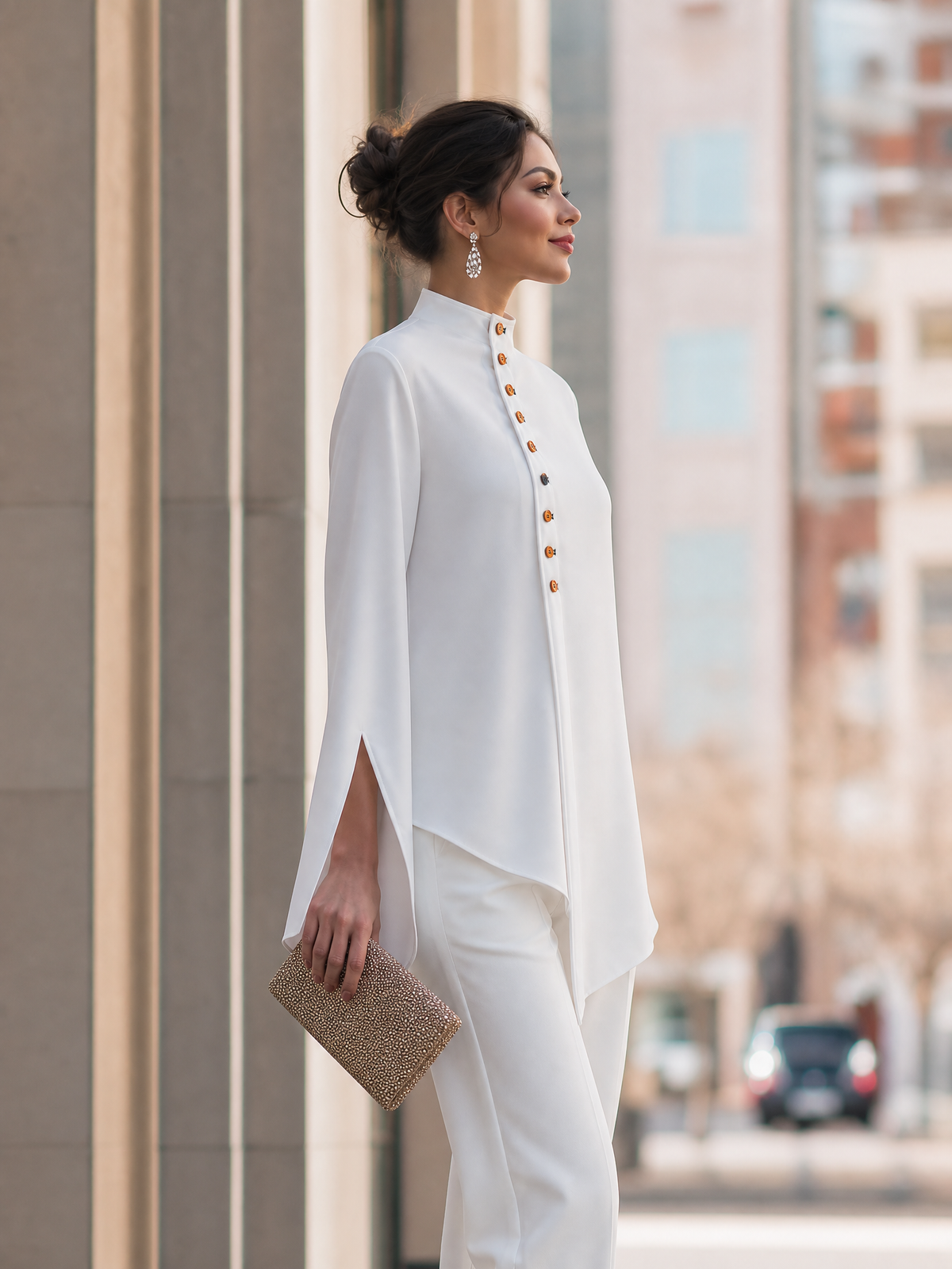 Blusa blanca asimétrica con mangas abiertas Zafren