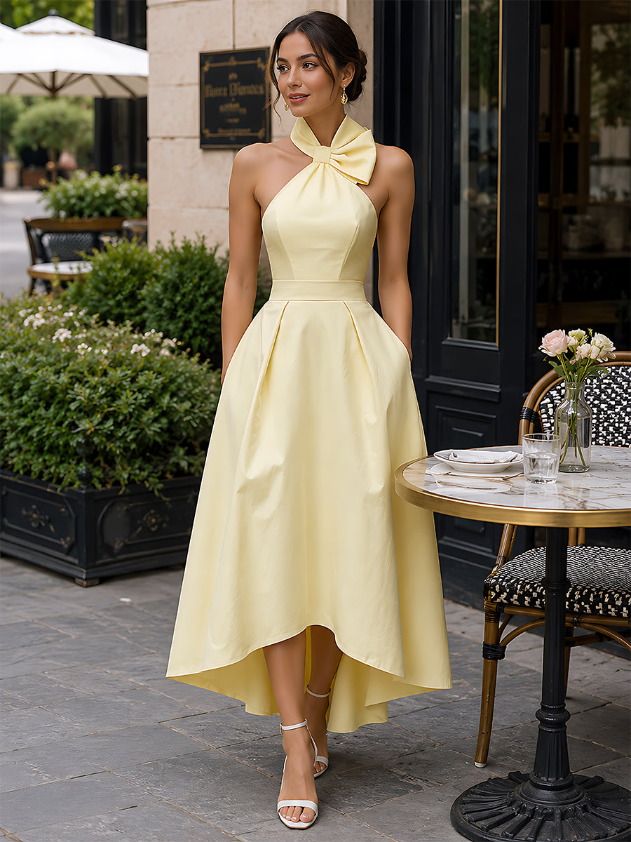 Robe longue Zafren jaune à encolure dos nu et nœud