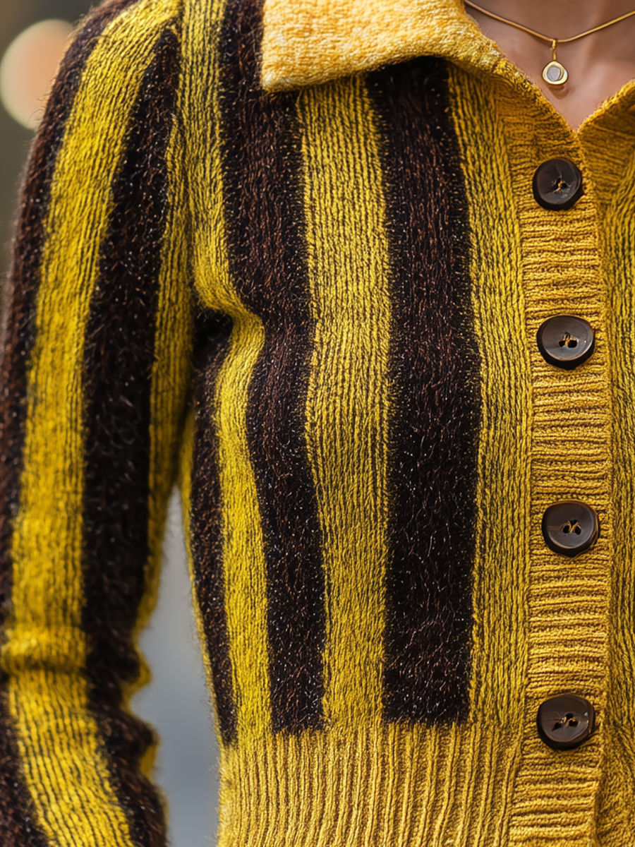 Zafren sárga csíkos, pólógalléros kardigán